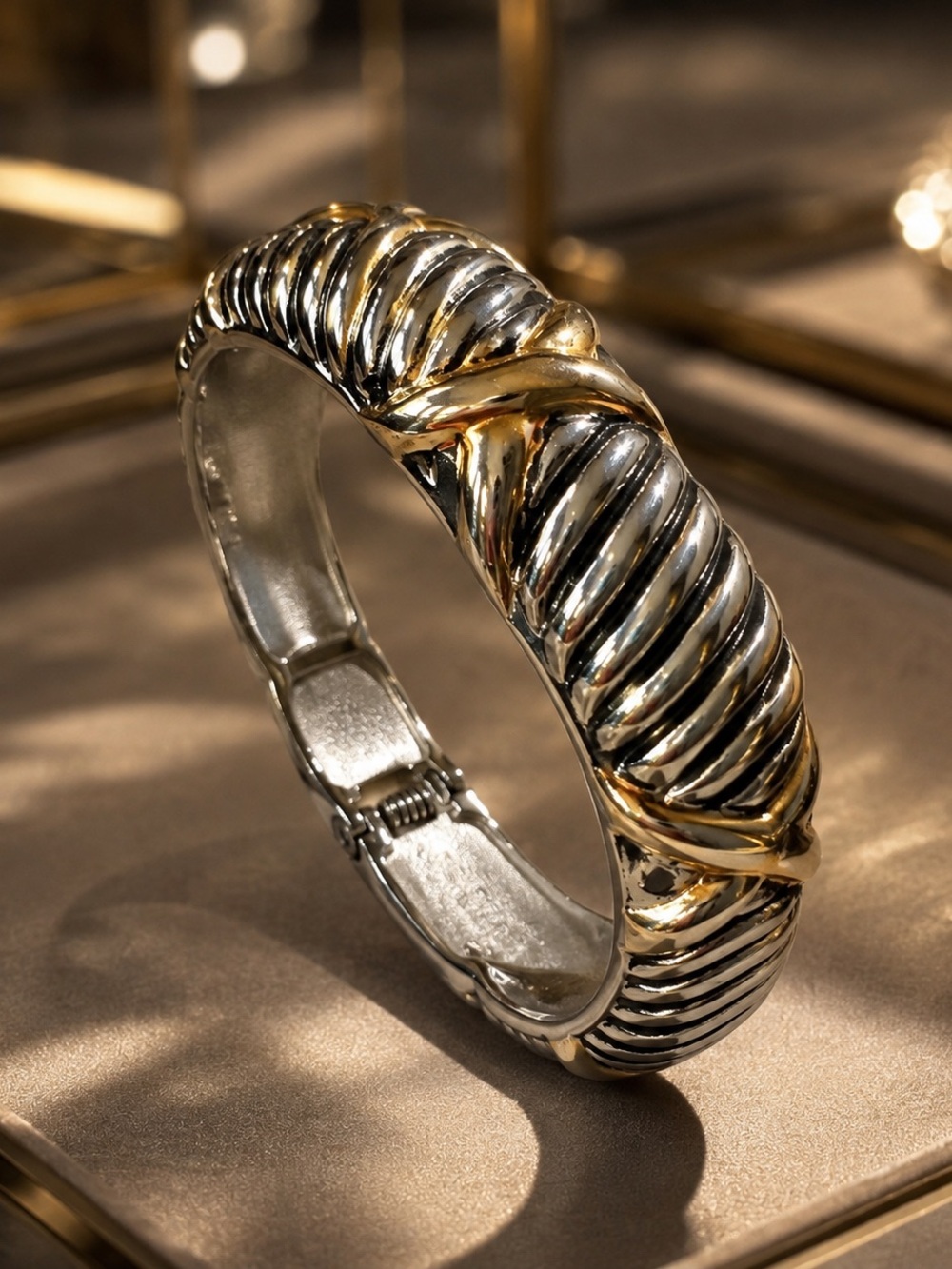 Two Tone Twisted Cable Statement Hinged Cuff Bracelet Gold Silver Metal